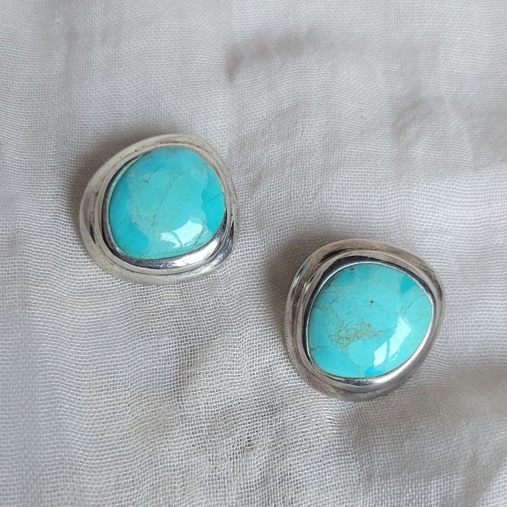 Barse Clip-on Earrings Turquoise Sterling Silver Chunky Statement Vtg 90s